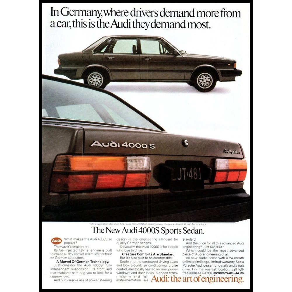 1983 Audi 4000S Luxury Sedan Vintage Print Ad Taillights Rear End Wall Art Photo